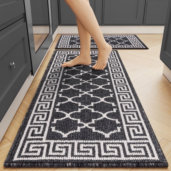 Findosom Kitchen Rugs Set 2 Piece, Non Slip Kitchen Floor Rugs with Rubber Backing,Machine Washable Geometric Absorbent Runner Rugs for Hallway Doormat,20"x32"+20"x48" Black