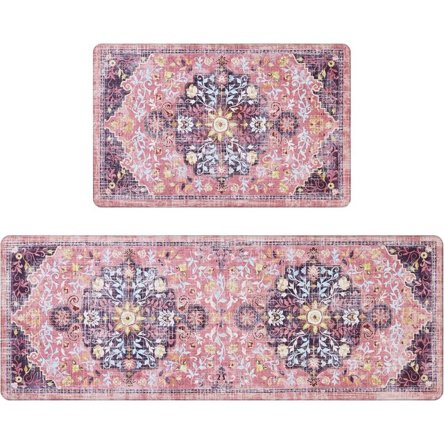 Findosom 2pcs Boho Anti Fatigue Kitchen Rug Sets Waterproof Non Slip Kitchen Mat 0.4" Thick
