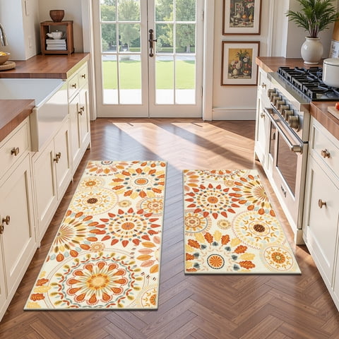 Findosom 2pcs Boho Kitchen Rug Set, Farmhouse Kitchen Runner Rugs and Mat, Washable Non Slip Kitchen Mats Vintage Kitchen Floor Mat Carpet for Hallway Laundry Room Sink 20"x32"+20"x47" Orange