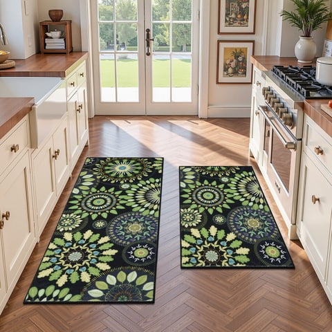 Findosom 2pcs Boho Kitchen Rug Set, Farmhouse Kitchen Runner Rugs and Mat, Washable Non Slip Kitchen Mats Vintage Kitchen Floor Mat Carpet for Hallway Laundry Room Sink 20"x32"+20"x47" Green