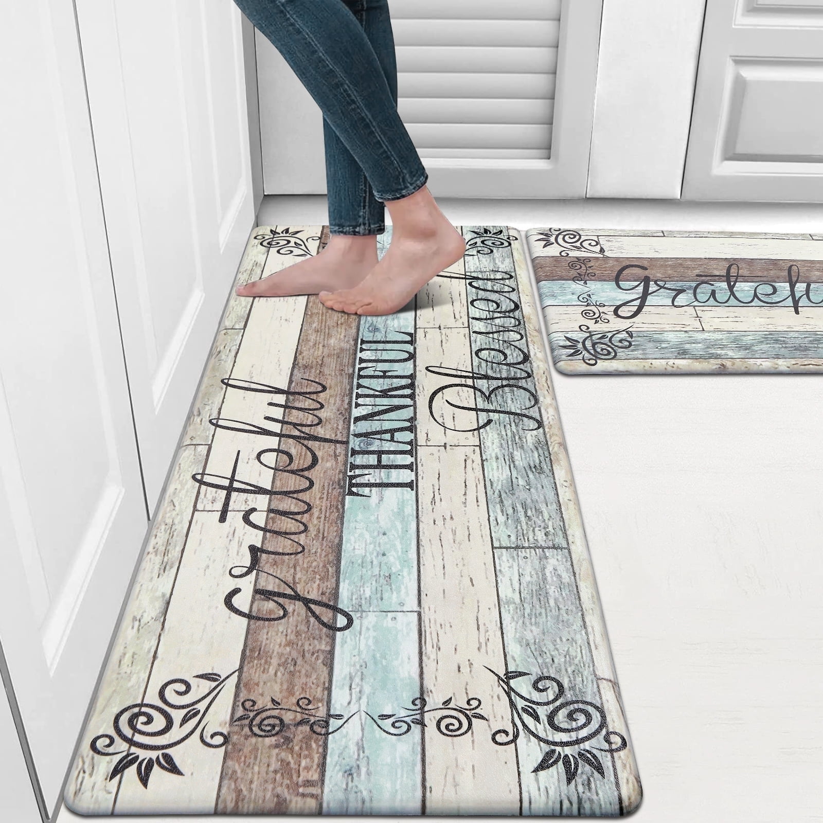 Findosom 2pcs Brown Kitchen Rug Set,18"x30"+18"x47" Non-slip Anti-Fatigue Kitchen Mats Farmhouse Waterproof Kitchen Runner,Ergonomic Comfort Cushioned Standing Mat for Floor,Home,Office,Sink,Laundry