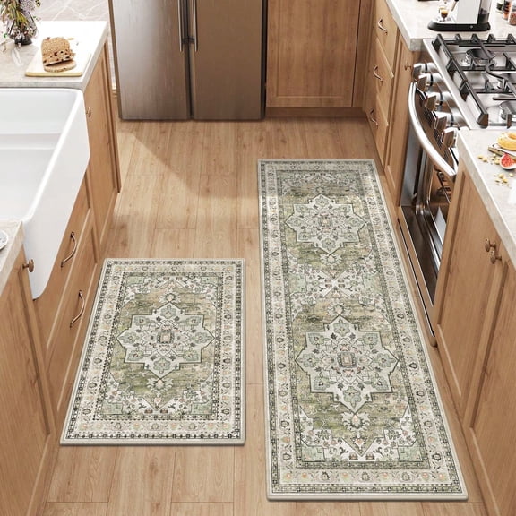 Findosom 2pcs Kitchen Rugs, Washable Boho Farmhouse Kitchen Mats for Floor, Non Slip Thick Indoor Kitchen Floor Mat Carpet Runner Rugs for Entryway Hallway Laundry Home Decor 20"x32"+20"x47" Green