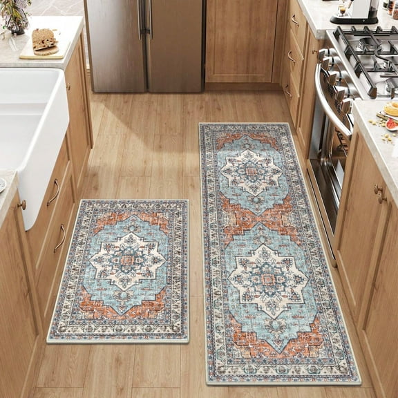 Findosom 2pcs Kitchen Rugs, Washable Boho Farmhouse Kitchen Mats for Floor, Non Slip Thick Indoor Kitchen Floor Mat Carpet Runner Rugs for Entryway Hallway Laundry Home Decor 20"x32"+20"x47" Orange