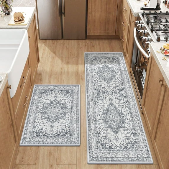 Findosom 2pcs Kitchen Rugs, Washable Boho Farmhouse Kitchen Mats for Floor, Non Slip Thick Indoor Kitchen Floor Mat Carpet Runner Rugs for Entryway Hallway Laundry Home Decor 20"x32"+20"x47" Gray