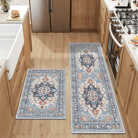 Findosom 2pcs Kitchen Rugs, Washable Boho Farmhouse Kitchen Mats for Floor, Non Slip Thick Indoor Kitchen Floor Mat Carpet Runner Rugs for Entryway Hallway Laundry Home Decor 20"x32"+20"x47" Blue