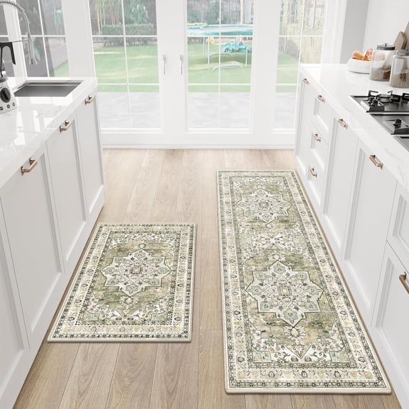 Findosom 2pcs Kitchen Rugs, Washable Boho Farmhouse Kitchen Mats for Floor, Non Slip Thick Indoor Kitchen Floor Mat Carpet Runner Rugs for Entryway Hallway Laundry Home Decor 20"x32"+20"x59" Green