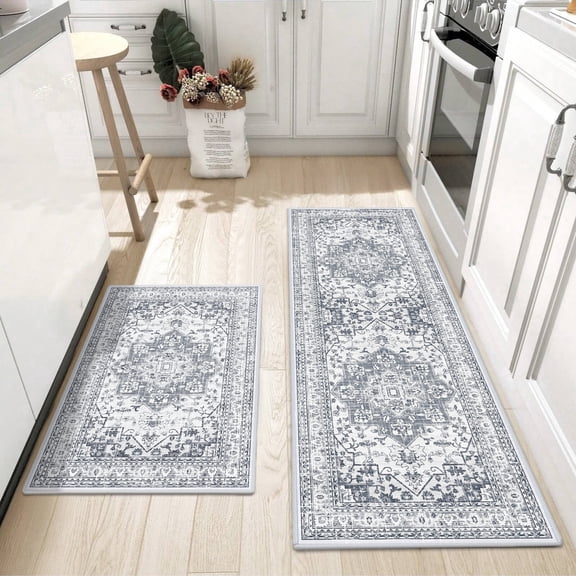 Findosom 2pcs Kitchen Rugs, Washable Boho Farmhouse Kitchen Mats for Floor, Non Slip Thick Indoor Kitchen Floor Mat Carpet Runner Rugs for Entryway Hallway Laundry Home Decor 20"x32"+20"x59" Gray