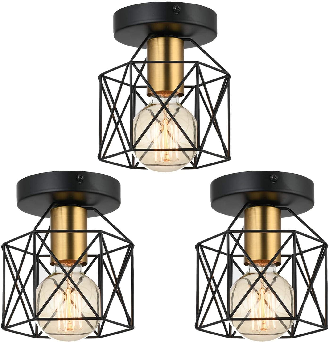 Findosom 3 Pack Semi Flush Mount Ceiling Light, E26 E27 Industrial Metal Cage Ceiling Light Lamp for Kitchen Hallway Porch Stairway, Farmhouse Lighting Rustic Light Fixture Gold