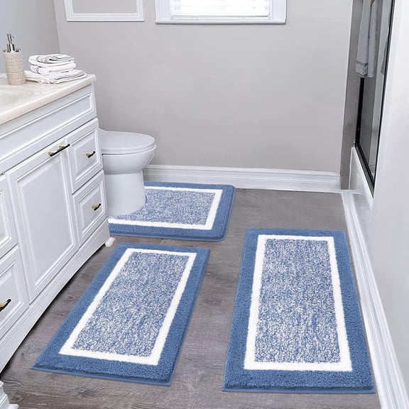 Findosom 3 Pcs Bathroom Rug Set with U Shaped Toilet Rug Blue Non Slip Absorbent Bath Mat,Soft Washable Bathroom Mats for Bathtub Shower Bathroom, 18"x26"+20"x32"+U Shape 20"x24" Blue