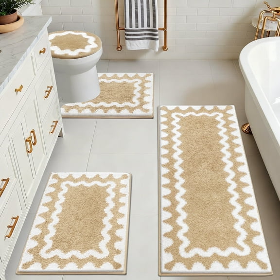 Findosom 4-Piece Bathroom Rugs Set,Non Slip Absorbent Bath Mat,Machine Washable Microfiber Quick Dry Bath Rug for Bathroom Bedroom Kitchen Shower Tub,Beige