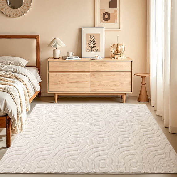 Findosom 4'x6' Area Rug for Living Room,Machine Washable Non-Slip Area Rug,Jacquard Ultra Soft Non Shed Cream Modern Wavy Carpet Indoor Rugs for Bedroom Dining Room Home Office Entryway Decor