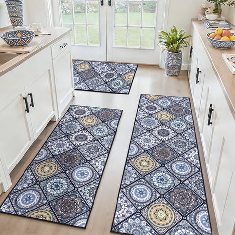 Findosom 3pc Boho Kitchen Rugs and Mats Set, Non Slip Washable Kitchen Runner Rug for Kitchen Floor, Farmhouse Kitchen Decor, Hallway, Entryway, Laundry Room,20"x32"+20"x47"+20"x59" Blue