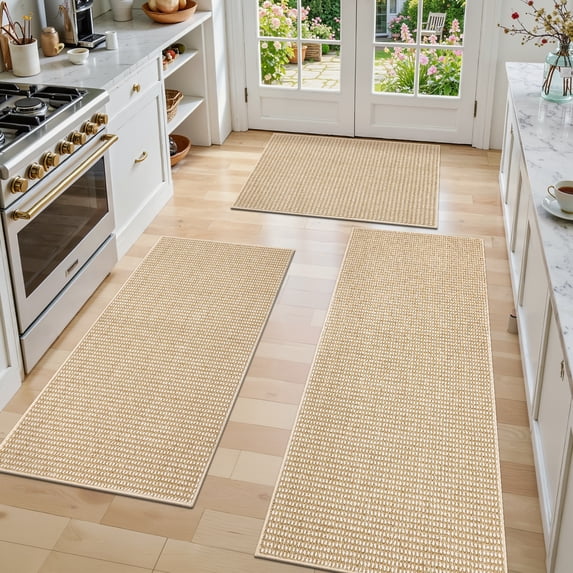 Findosom 3pc Kitchen Rug Set,Non-Slip Washable Kitchen Rug and Mat Stain Resistant Low Pile Durable Kitchen Mats For Sink,Hallway,Entryway 20"x32"+20"x47"+20"x59" Brown