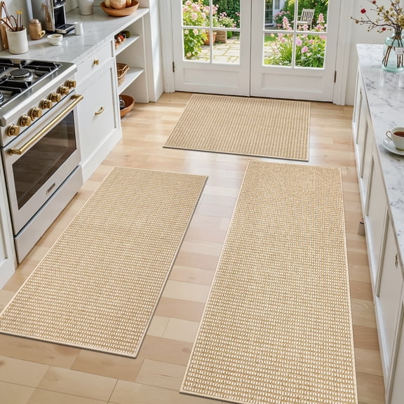 Findosom 3pc Kitchen Rug Set,Non-Slip Washable Kitchen Rug and Mat Stain Resistant Low Pile Durable Kitchen Mats For Sink,Hallway,Entryway 20"x32"+20"x47"+20"x59" Brown