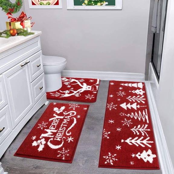 Findosom 3pcs Bathroom Rugs Set,Christmas Tree Non Slip Bath Rugs with U Shape Toilet Rug,Soft Absorbent Machine Washable Bath Mats Set for Tub, Shower 18"x26" 18"x48" U Shape 20"x24"