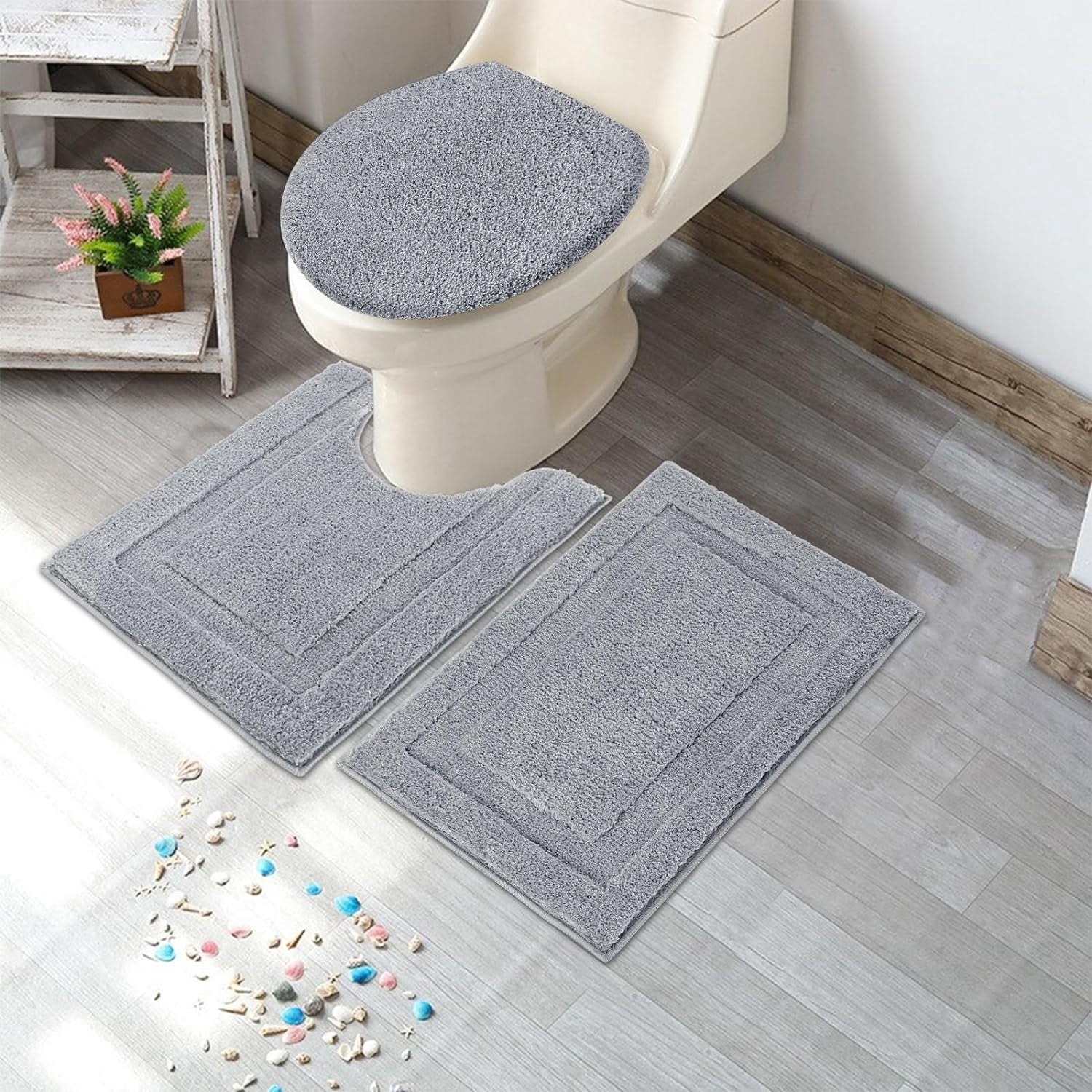 HUGS IDEA Soccer Pattern Bathroom Rug Set – Contour Mat + Toilet Lid Cover + Bath Mat, Flannel & Rubber, Non-Slip, Football Theme