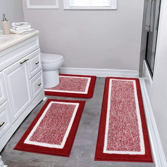 Findosom 3pcs Bathroom Rugs Set with U-Shaped Mat, Non Slip, Quick Drying, Ultra Soft and Water Absorbent Bath Rug Mat Carpet Machine Washable 18"x26"+18"x48"+U Shape 20"x24" Red