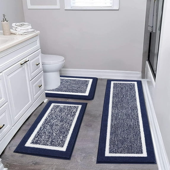 Findosom 3pcs Bathroom Rugs Set with U-Shaped Mat, Non Slip, Quick Drying, Ultra Soft and Water Absorbent Bath Rug Mat Carpet Machine Washable 18"x26"+18"x48"+U Shape 20"x24" Navy