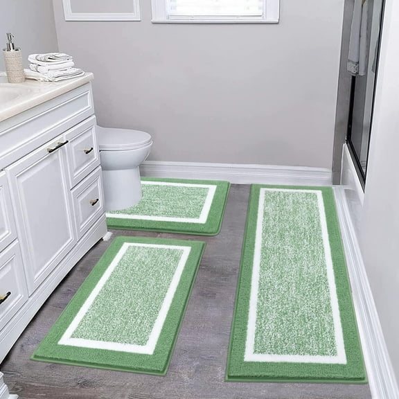 Findosom 3pcs Bathroom Rugs Set with U-Shaped Mat, Non Slip, Quick Drying, Ultra Soft and Water Absorbent Bath Rug Mat Carpet Machine Washable 18"x26"+18"x48"+U Shape 20"x24" Green