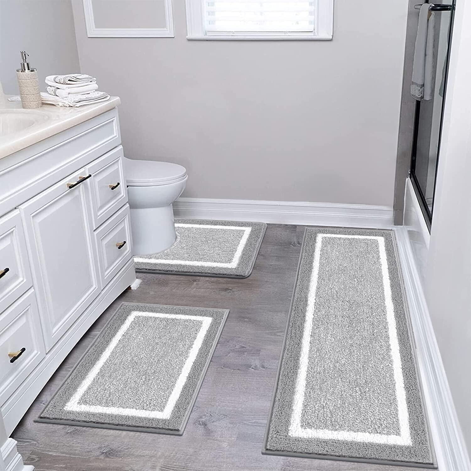 Findosom 3pcs Bathroom Rugs Set with U-Shaped Mat, Non Slip, Quick Drying, Ultra Soft and Water Absorbent Bath Rug Mat Carpet Machine Washable 18"x26"+18"x48"+U Shape 20"x24" Light Gray