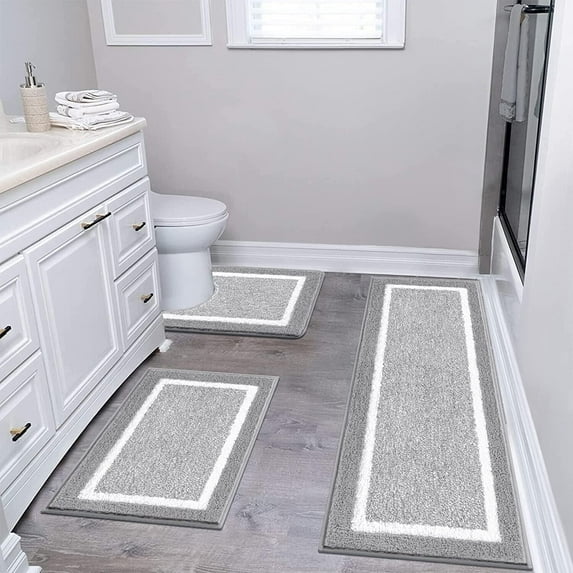 Findosom 3pcs Bathroom Rugs Set with U-Shaped Mat, Non Slip, Quick Drying, Ultra Soft and Water Absorbent Bath Rug Mat Carpet Machine Washable 18"x26"+18"x48"+U Shape 20"x24" Light Gray