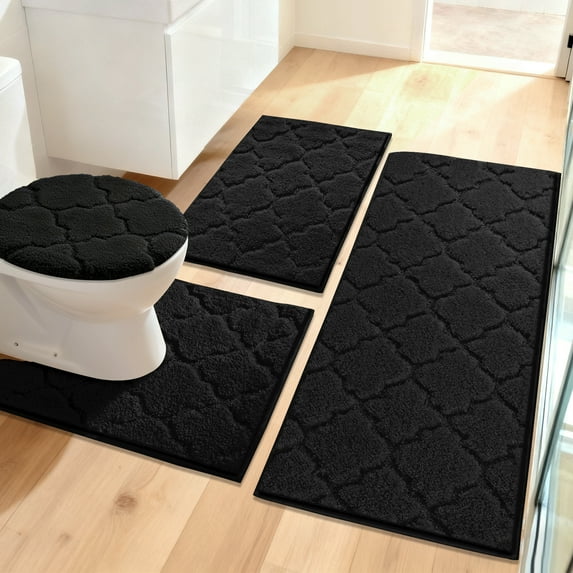Findosom Bathroom Rugs Sets 4 Pcs with Toilet Lid Cover,U-Shaped Contour Toilet Mat,Non-Slip Machine Washable Absorbentb Rugs and Mats for Bathroom Floor Mats Microfiber Shaggy Bath Rug,Black