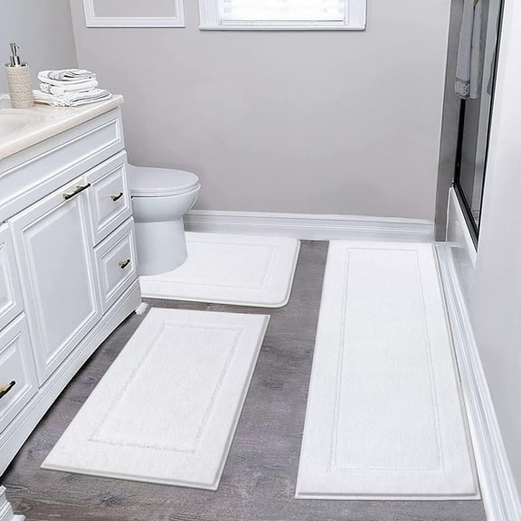 Findosom 3pcs Bathroom Rugs Set with U-Shaped Mat, Non Slip, Quick Drying, Ultra Soft and Water Absorbent Bath Rug Mat Carpet Machine Washable 18"x26"+18"x48"+U Shape 20"x24" White