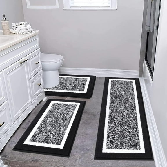 Findosom 3pcs Bathroom Rugs Set with U-Shaped Mat, Non Slip, Quick Drying, Ultra Soft and Water Absorbent Bath Rug Mat Carpet Machine Washable 18"x26"+18"x48"+U Shape 20"x24" Black