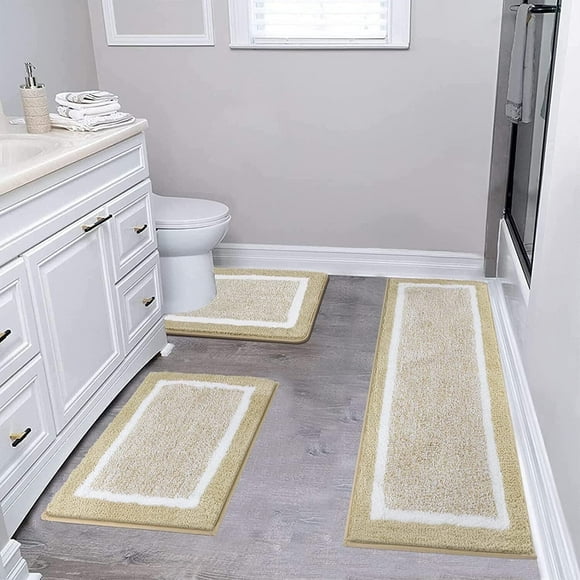 Findosom 3pcs Bathroom Rugs Set with U-Shaped Mat, Non Slip, Quick Drying, Ultra Soft and Water Absorbent Bath Rug Mat Carpet Machine Washable 18"x26"+18"x48"+U Shape 20"x24" Beige