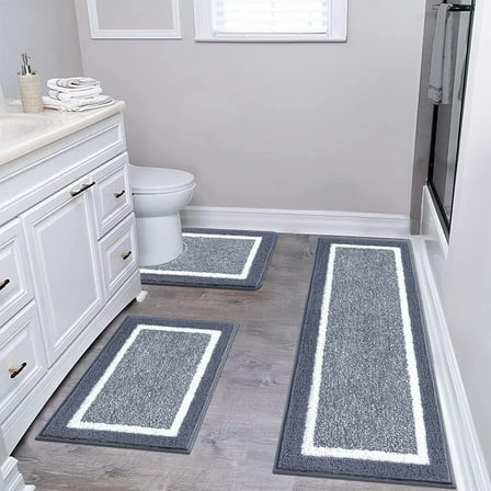 Findosom 3pcs Bathroom Rugs Set with U-Shaped Mat, Non Slip, Quick Drying, Ultra Soft and Water Absorbent Bath Rug Mat Carpet Machine Washable 18"x26"+18"x48"+U Shape 20"x24" Dark Gray