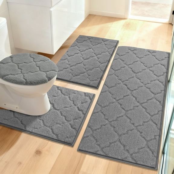 Findosom Bathroom Rugs Sets 4 Pcs with Toilet Lid Cover,U-Shaped Contour Toilet Mat,Non-Slip Machine Washable Absorbentb Rugs and Mats for Bathroom Floor Mats Microfiber Shaggy Bath Rug,Gray