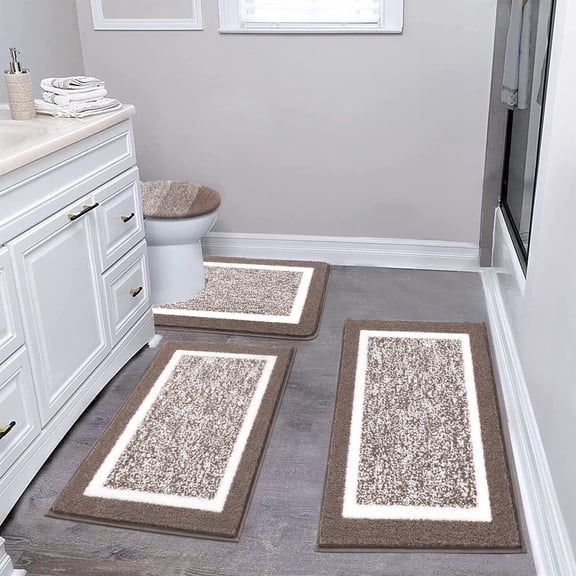 Findosom 4pcs Bathroom Rugs Set with U-Shaped Mat, Non Slip, Quick Drying, Ultra Soft and Water Absorbent Bath Rug Mat Carpet Machine Washable 18"x26"+20"x32"+U 20"x24"+19"x21" Brown