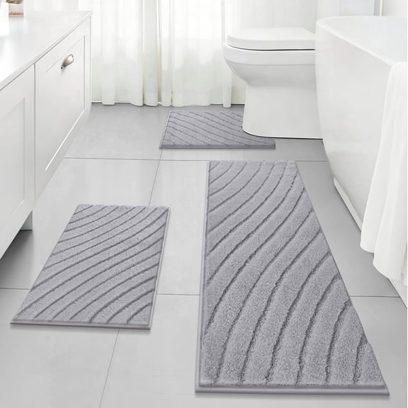 Findosom 3pcs Bathroom Rugs Set with U-Shaped Mat,Non Slip Machine Washable Wave Bath Mat,Ultra Soft Plush Shower Rugs for Bathroom,Tub,Shower18"x26"+18"x48"+U 20"x24"Gray
