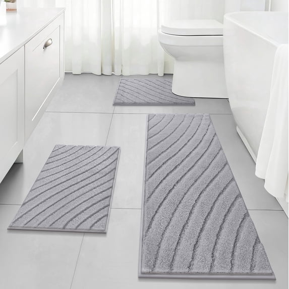 Findosom 3pcs Bathroom Rugs Set with U-Shaped Mat,Non Slip Machine Washable Wave Bath Mat,Ultra Soft Plush Shower Rugs for Bathroom,Tub,Shower18"x26"+18"x48"+U 20"x24"Gray