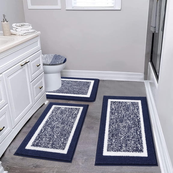 Findosom 4pcs Bathroom Rugs Set with U-Shaped Mat, Non Slip, Quick Drying, Ultra Soft and Water Absorbent Bath Rug Mat Carpet Machine Washable 18"x26"+20"x32"+U 20"x24"+19"x21" Navy