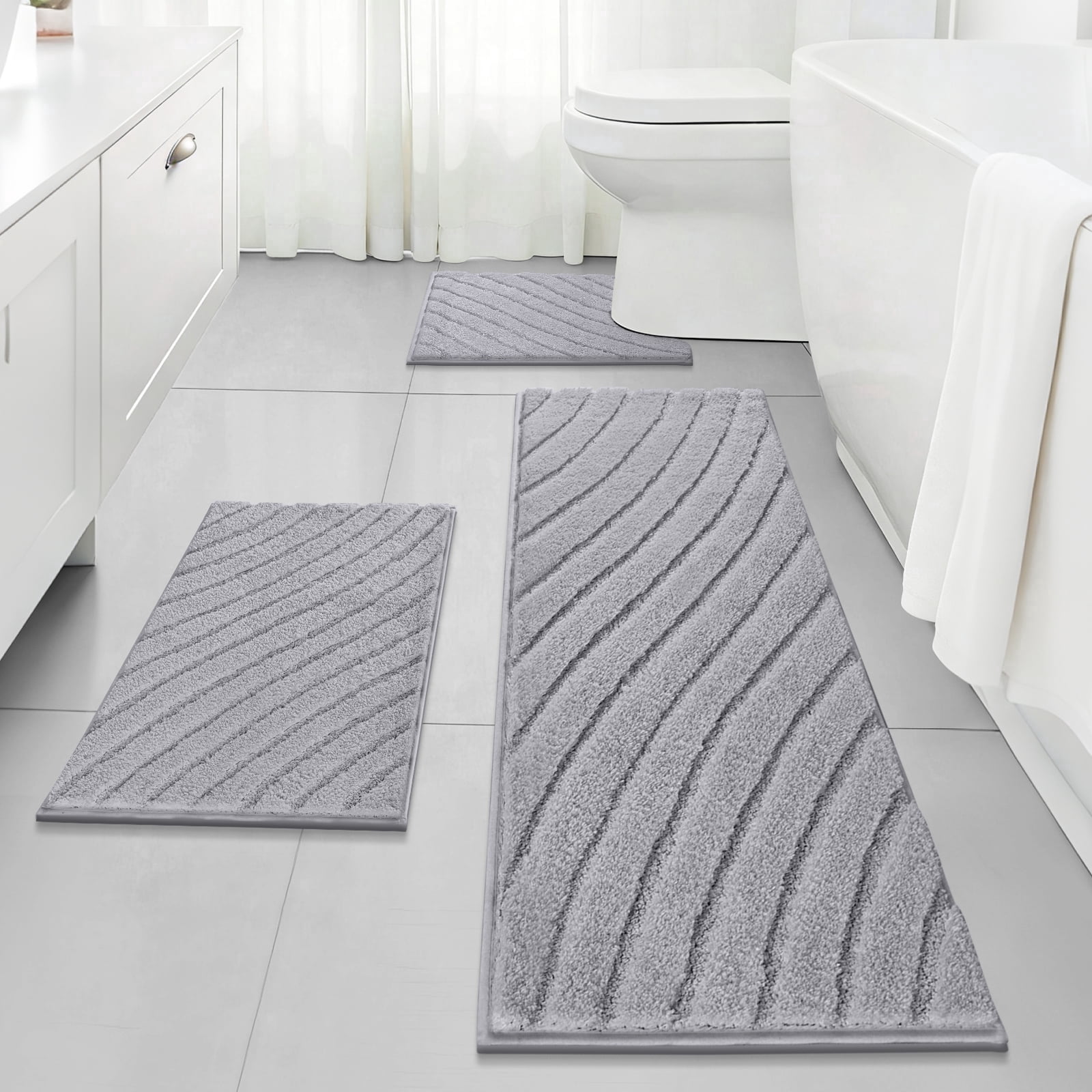 Findosom 3pcs Bathroom Rugs Set with U-Shaped Mat,Non Slip Machine Washable Wave Bath Mat,Ultra Soft Plush Shower Rugs for Bathroom,Tub,Shower20"x32"+20"x59"+U 20"x24"Gray