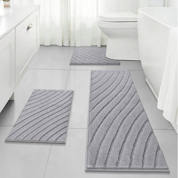 Findosom 3pcs Bathroom Rugs Set with U-Shaped Mat,Rubber Backing,Quick Dry,Ultra Soft Machine Washable Bath Mats for Bathroom Floor,Tub,Shower,Microfiber Bath Mats 18"x26"+18"x48"+U 20"x24" Gray