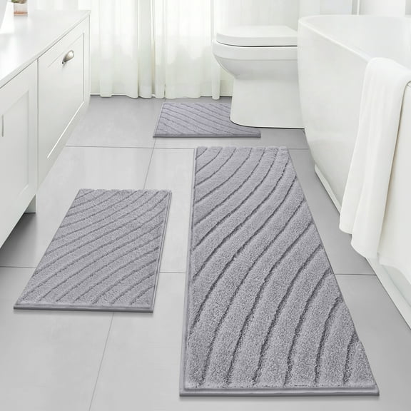 Findosom 3pcs Bathroom Rugs Set with U-Shaped Mat,Rubber Backing,Quick Dry,Ultra Soft Machine Washable Bath Mats for Bathroom Floor,Tub,Shower,Microfiber Bath Mats 20"x32" 20"x59" U 20"x24" Gray