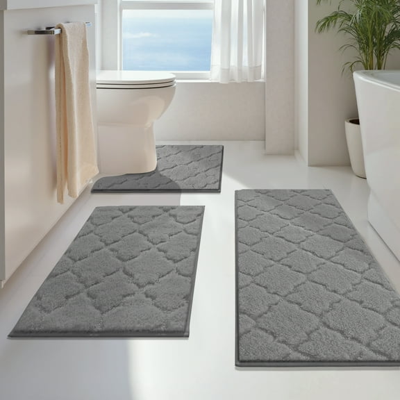 Findosom Bathroom Rugs Sets 3 Pcs,Non Slip Soft Absorbent Microfiber Bath Mats and U-Shaped Contour Toilet Rug,Machine Washable Plush Shaggy Bath Mat Set for Bathroom 18"x26"+18"x48"+U 20"x24" Gray