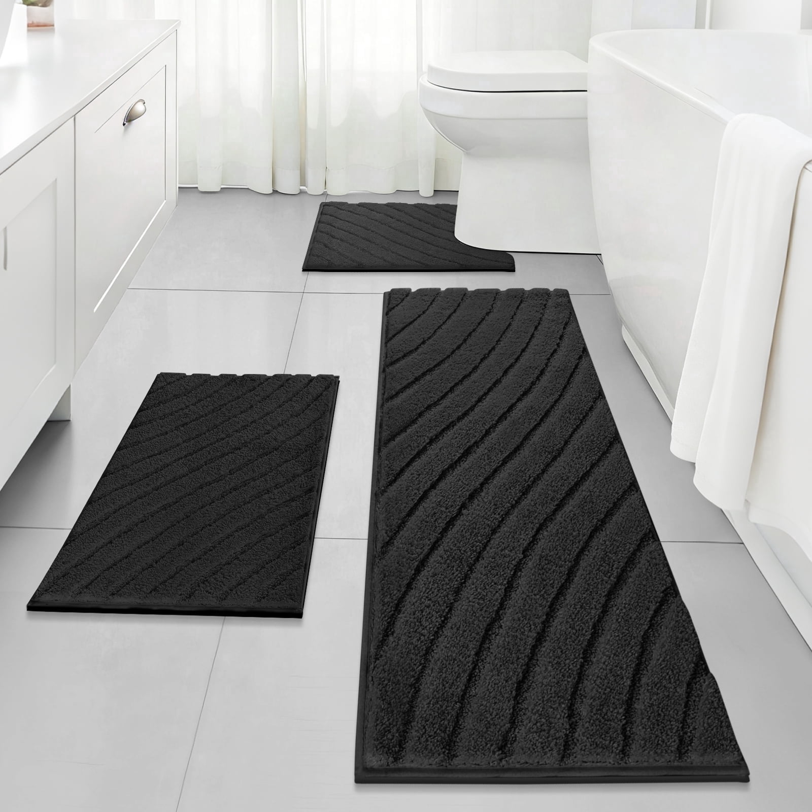 Findosom 3pcs Bathroom Rugs Set with U-Shaped Mat,Non Slip Machine Washable Wave Bath Mat,Ultra Soft Plush Shower Rugs for Bathroom,Tub,Shower20"x32"+20"x59"+U 20"x24"Black