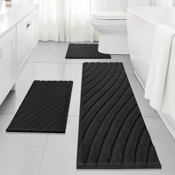 Findosom 3pcs Bathroom Rugs Set with U-Shaped Mat,Non Slip Machine Washable Wave Bath Mat,Ultra Soft Plush Shower Rugs for Bathroom,Tub,Shower20"x32"+20"x59"+U 20"x24"Black