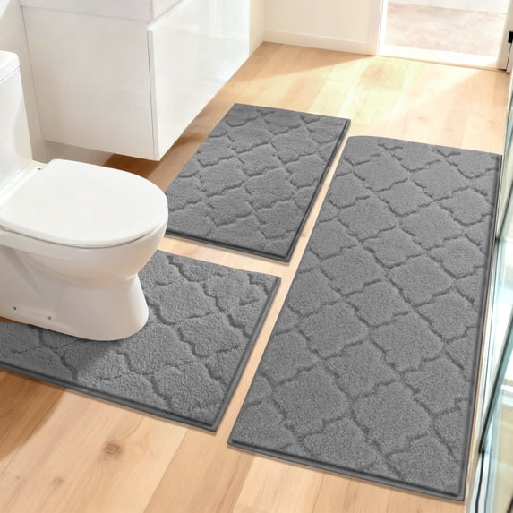 Findosom Bathroom Rugs Sets 3 Pcs,Non Slip Soft Absorbent Microfiber Bath Mats and U-Shaped Contour Toilet Rug,Machine Washable Plush Shaggy Bath Mat Set for Bathroom 18"x26"+18"x48"+U 20"x24" Gray