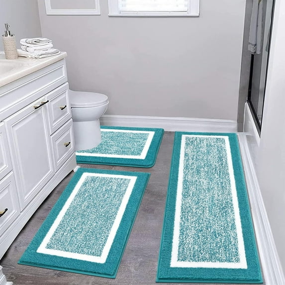 Findosom 3pcs Bathroom Rugs Set with U-Shaped Mat, Non Slip, Quick Drying, Ultra Soft and Water Absorbent Bath Rug Mat Carpet Machine Washable 20"x32"+20"x59"+U Shape 20"x24" Aqua