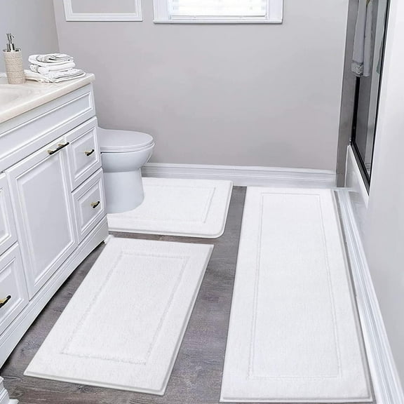 Findosom 3pcs Bathroom Rugs Set with U-Shaped Mat, Non Slip, Quick Drying, Ultra Soft and Water Absorbent Bath Rug Mat Carpet Machine Washable 20"x32"+20"x59"+U Shape 20"x24" White