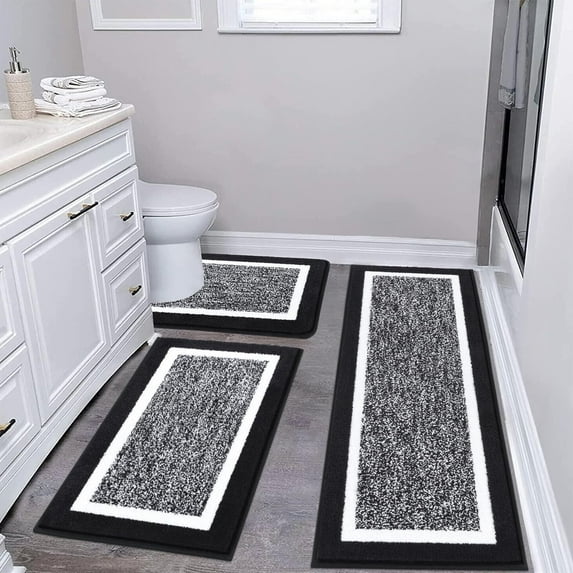 Findosom 3pcs Bathroom Rugs Set with U-Shaped Mat, Non Slip, Quick Drying, Ultra Soft and Water Absorbent Bath Rug Mat Carpet Machine Washable 20"x32"+20"x59"+U Shape 20"x24" Black