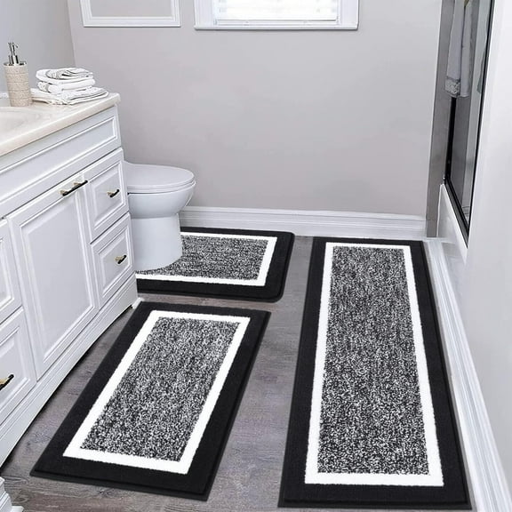 Findosom 3pcs Bathroom Rugs Set with U-Shaped Mat, Non Slip, Quick Drying, Ultra Soft and Water Absorbent Bath Rug Mat Carpet Machine Washable 20"x32"+20"x59"+U Shape 20"x24" Black