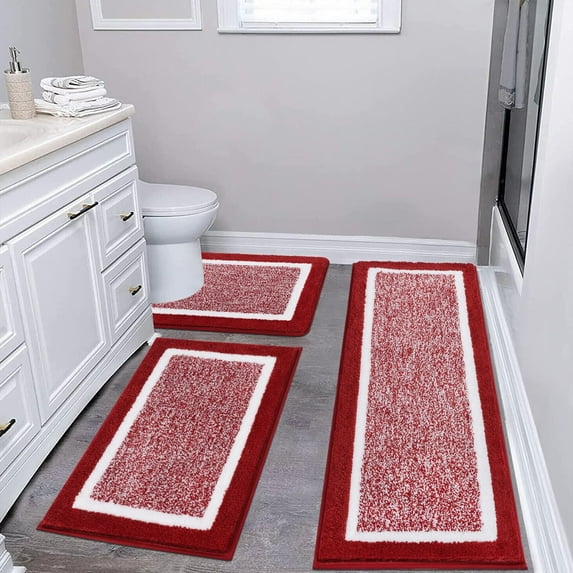 Findosom 3pcs Bathroom Rugs Set with U-Shaped Mat, Non Slip, Quick Drying, Ultra Soft and Water Absorbent Bath Rug Mat Carpet Machine Washable 20"x32"+20"x59"+U Shape 20"x24" Red