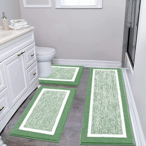 Findosom 3pcs Bathroom Rugs Set with U-Shaped Mat, Non Slip, Quick Drying, Ultra Soft and Water Absorbent Bath Rug Mat Carpet Machine Washable 20"x32"+20"x59"+U Shape 20"x24" Green
