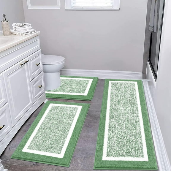 Findosom 3pcs Bathroom Rugs Set with U-Shaped Mat, Non Slip, Quick Drying, Ultra Soft and Water Absorbent Bath Rug Mat Carpet Machine Washable 20"x32"+20"x59"+U Shape 20"x24" Green