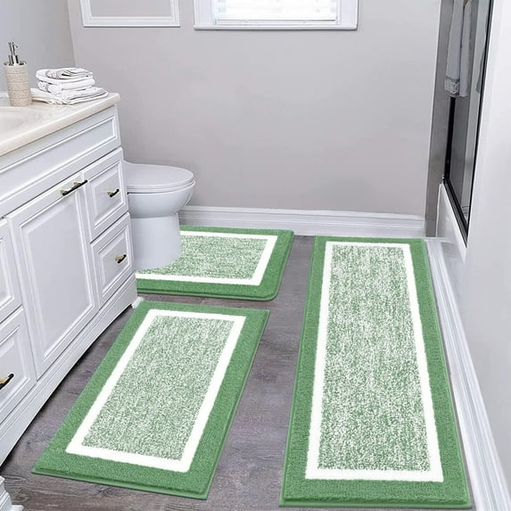 Findosom 3pcs Bathroom Rugs Set with U-Shaped Mat, Non Slip, Quick Drying, Ultra Soft and Water Absorbent Bath Rug Mat Carpet Machine Washable 20"x32"+20"x59"+U Shape 20"x24" Green